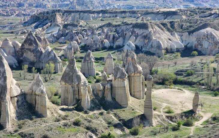 Kapadokya’daki Aşk Vadisi’nde yer alan uzun ve sivri peribacaları, yeşil vadinin içinde doğal oluşumlar halinde sıralanmış şekilde görülüyor.